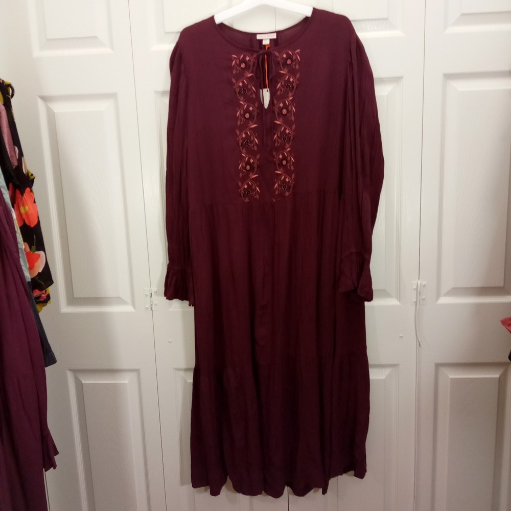 NWT Knox Rose Women's Long Sleeve Embroidered Plum Purple A-Line Dress Size XXL